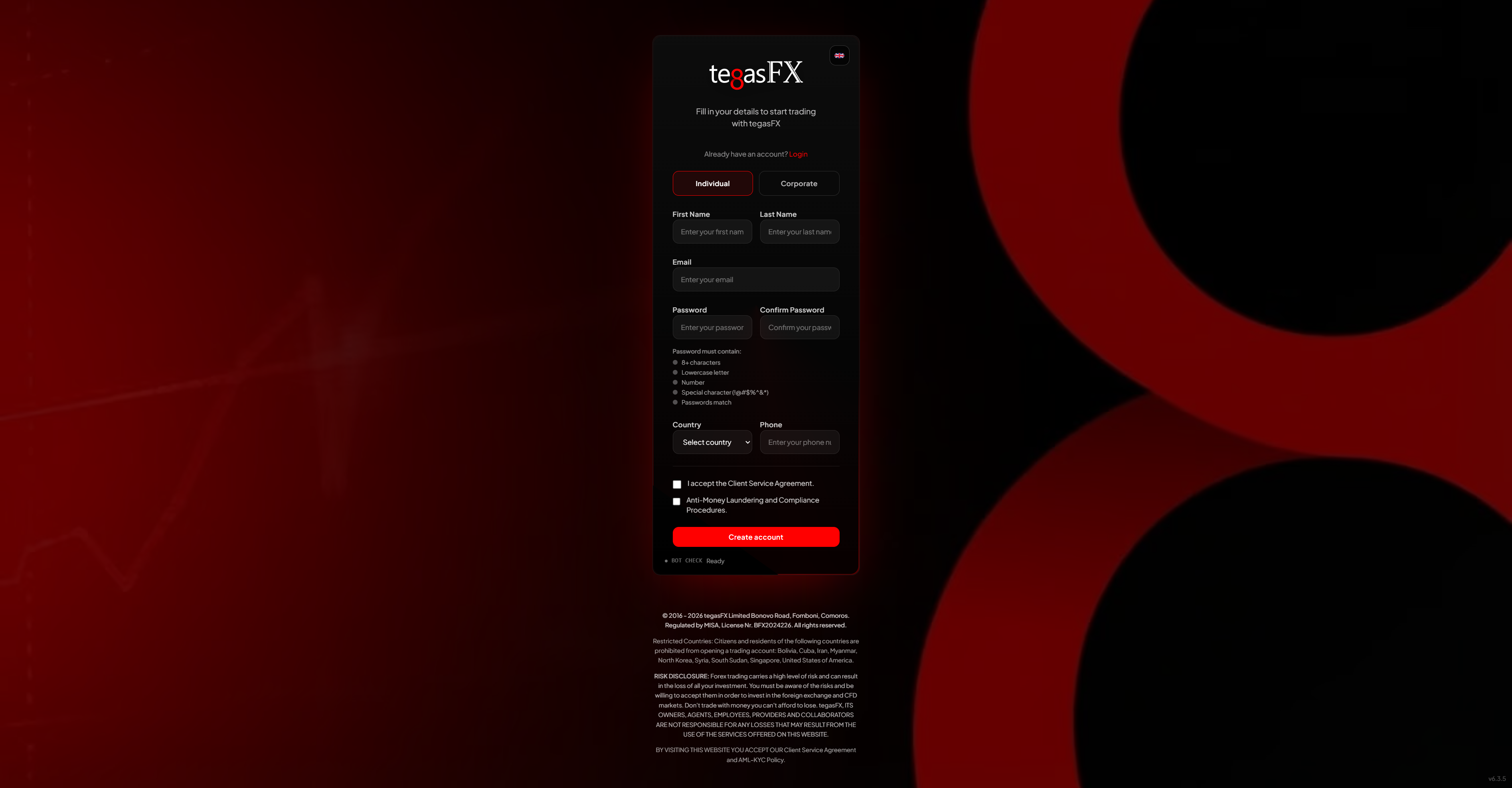 TegasFX registration form with Individual vs. Corporate Client selection and input fields for personal data