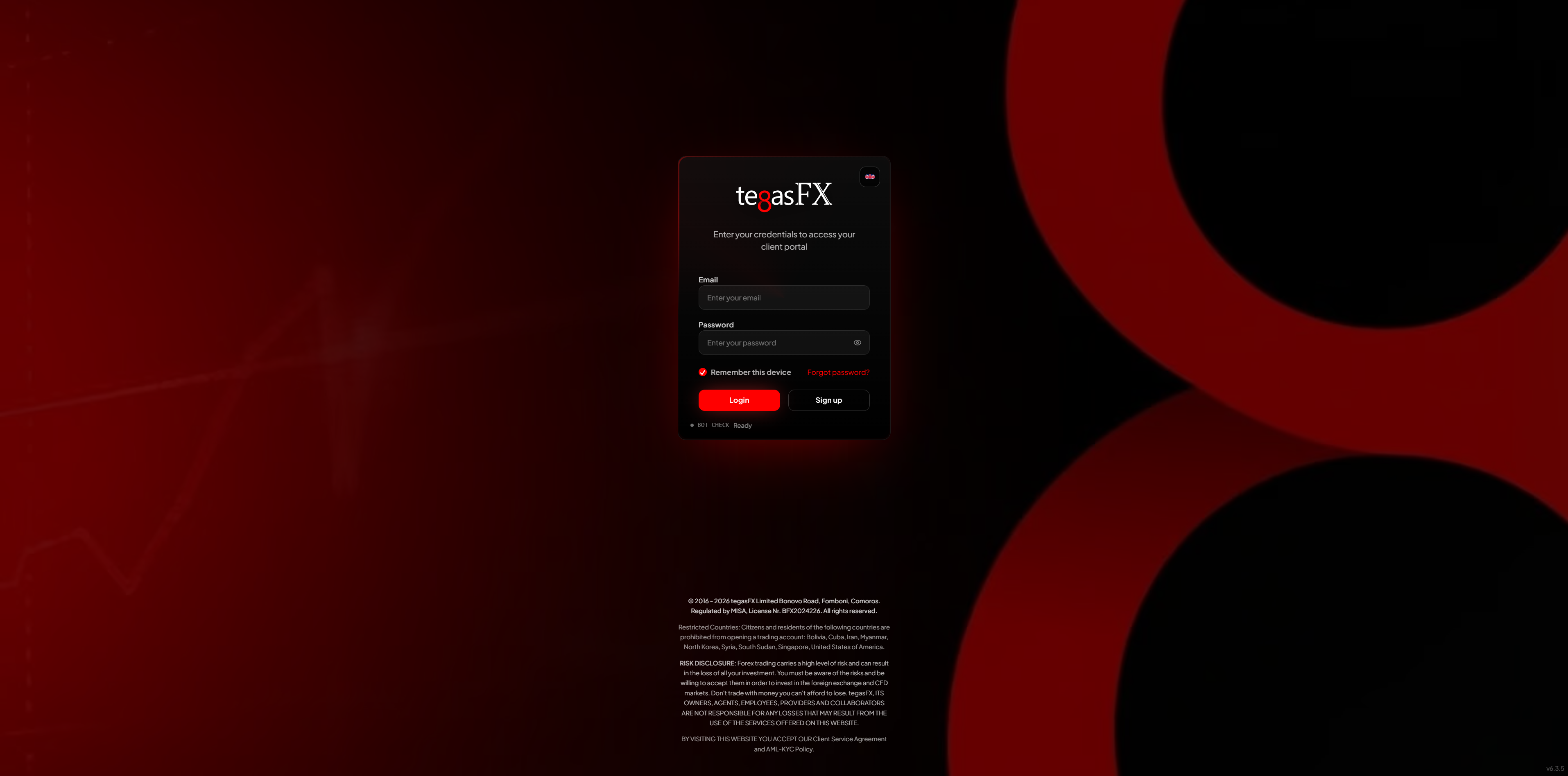 TegasFX login page with input fields for email and password, plus Login and Sign up buttons