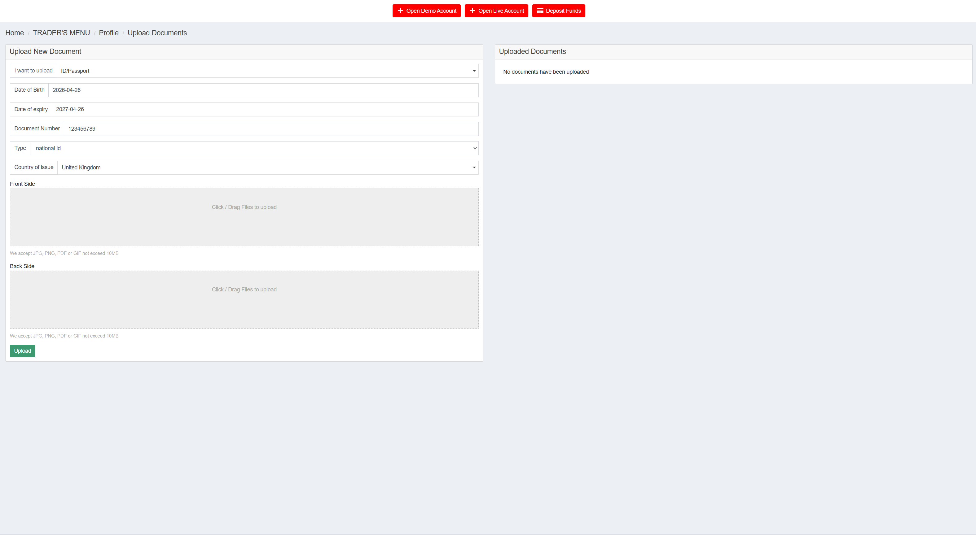 KYC upload form with the fields I want to upload, Date of Birth, Date of expiry, Document Number, Type, Country of issue, plus two upload areas for Front Side and Back Side