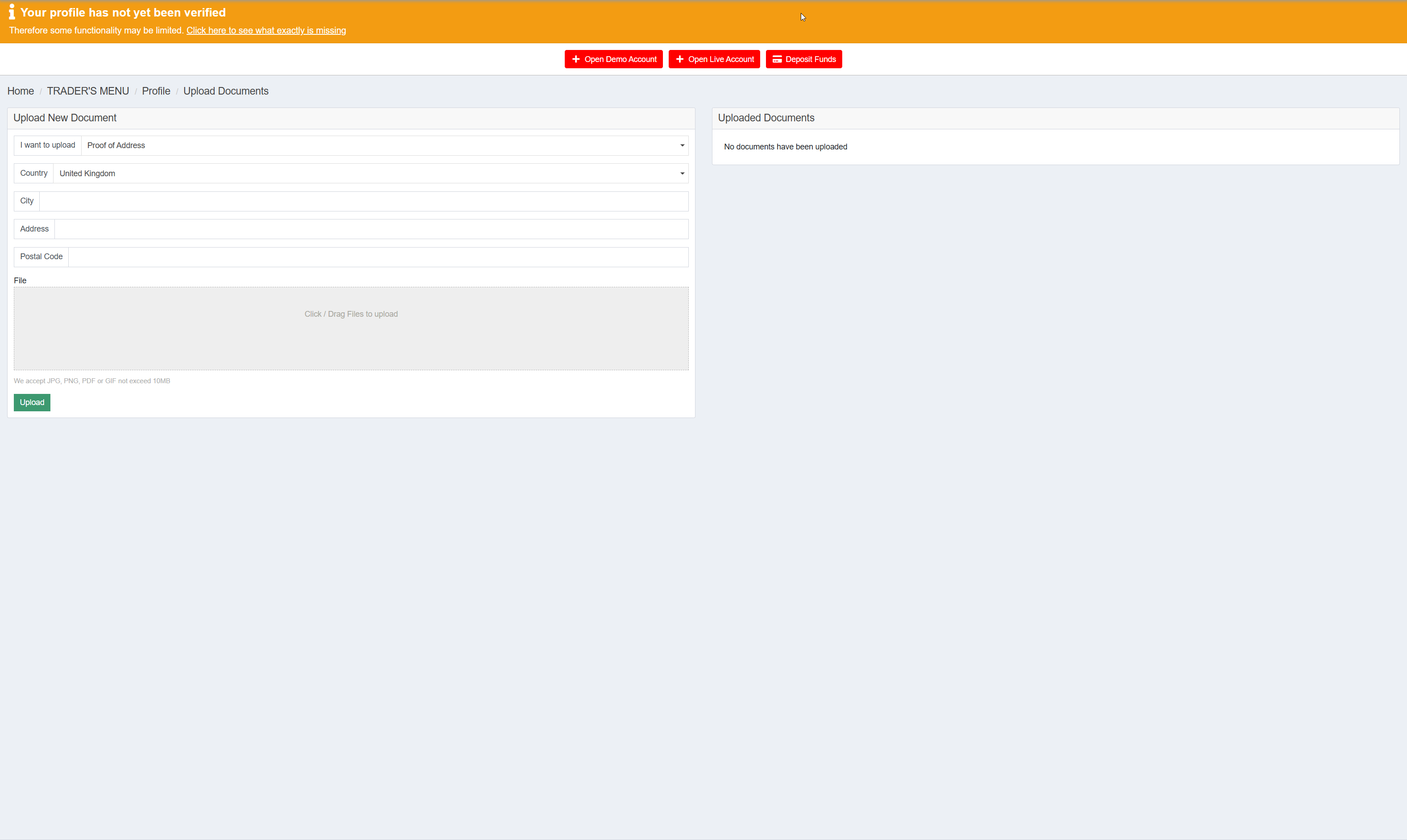 TegasFX upload form for Proof of Address with fields for Country, City, Address, Postal Code and a file upload area