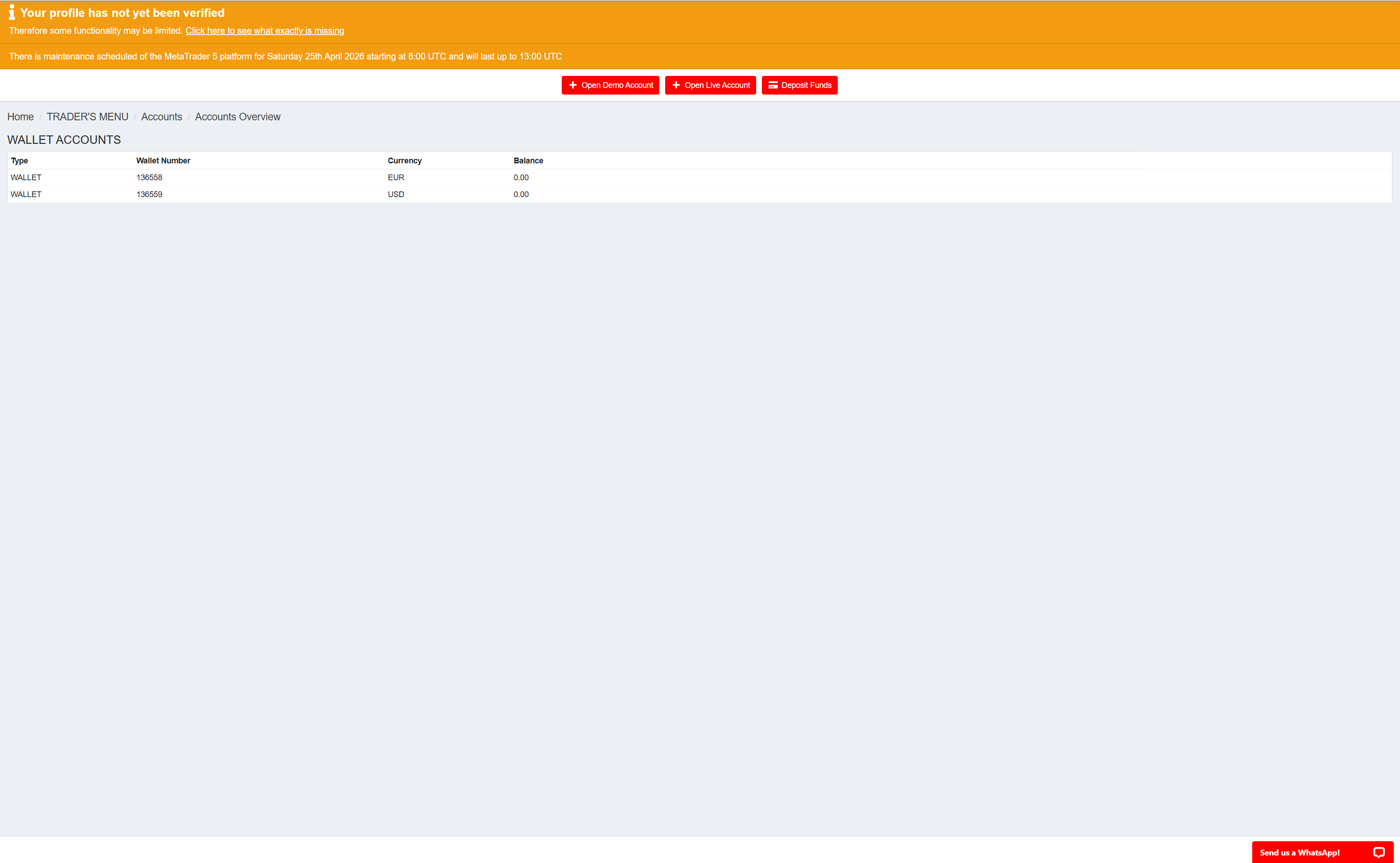 TegasFX Wallet Accounts — overview with two wallets, one in EUR and one in USD