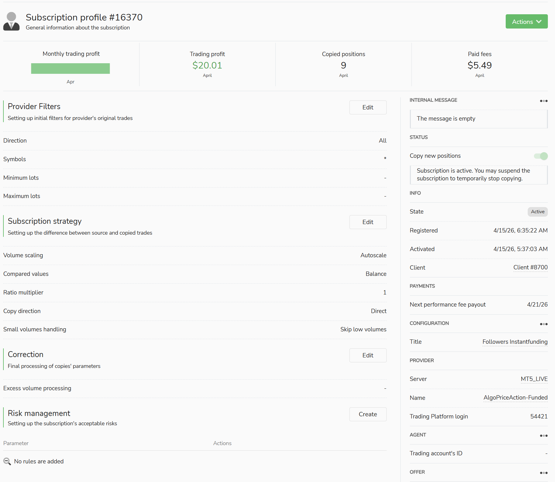 Subscription profile page with Subscription Strategy, Risk Management, and the Actions button at the top right