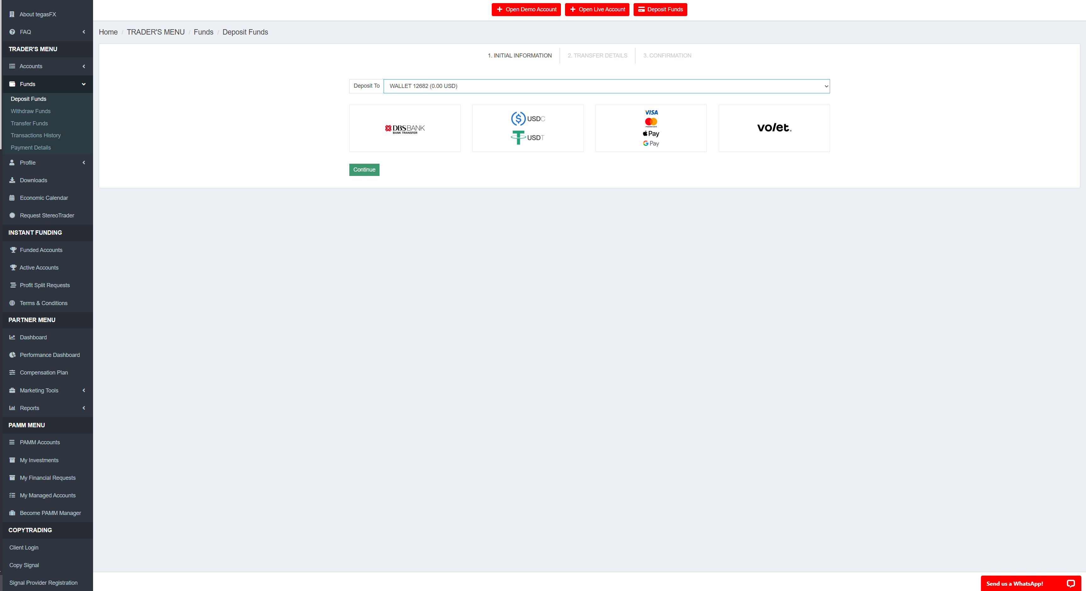TegasFX Deposit Funds — payment method selection with four options