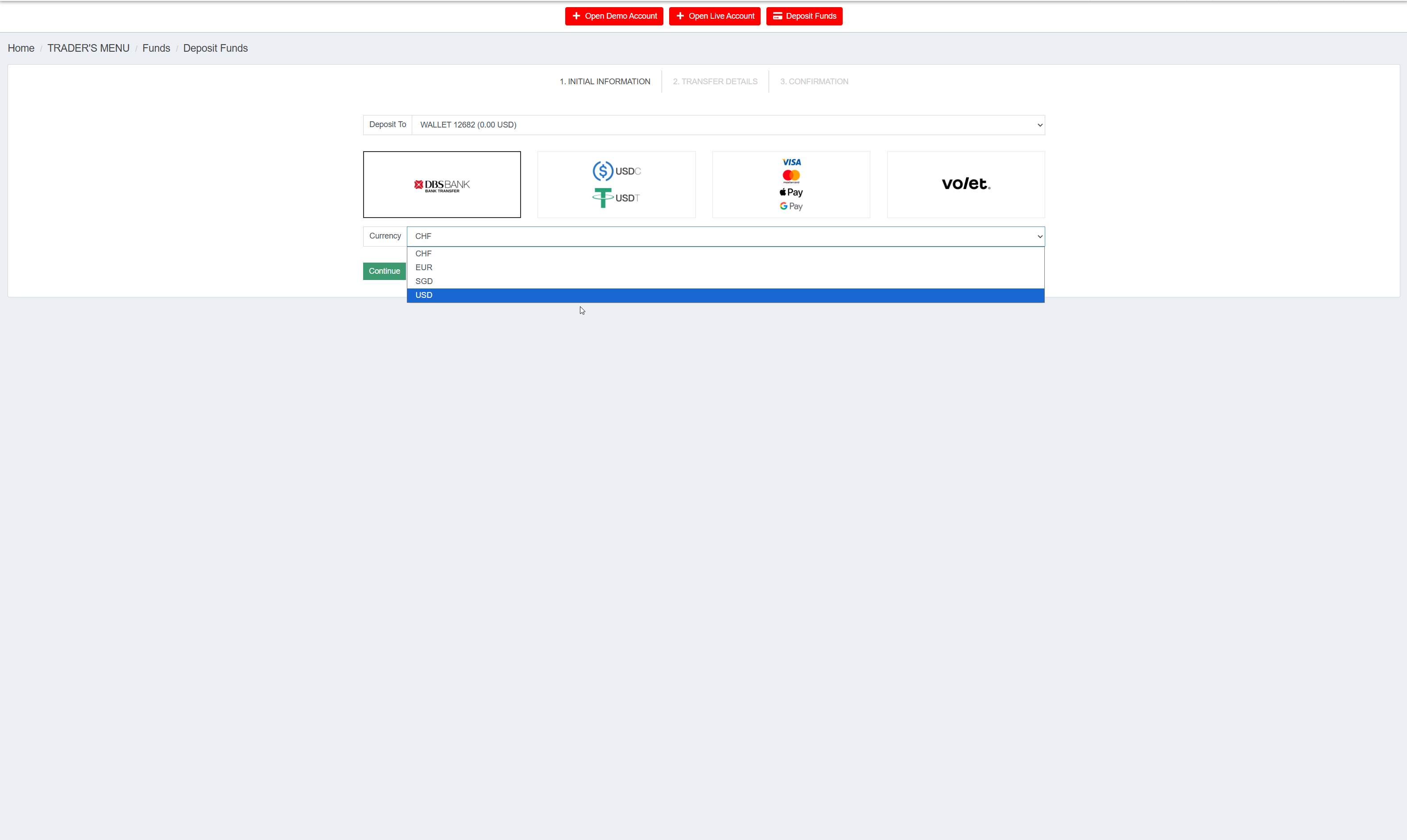 TegasFX Bank Transfer — currency dropdown with CHF, EUR, SGD, USD