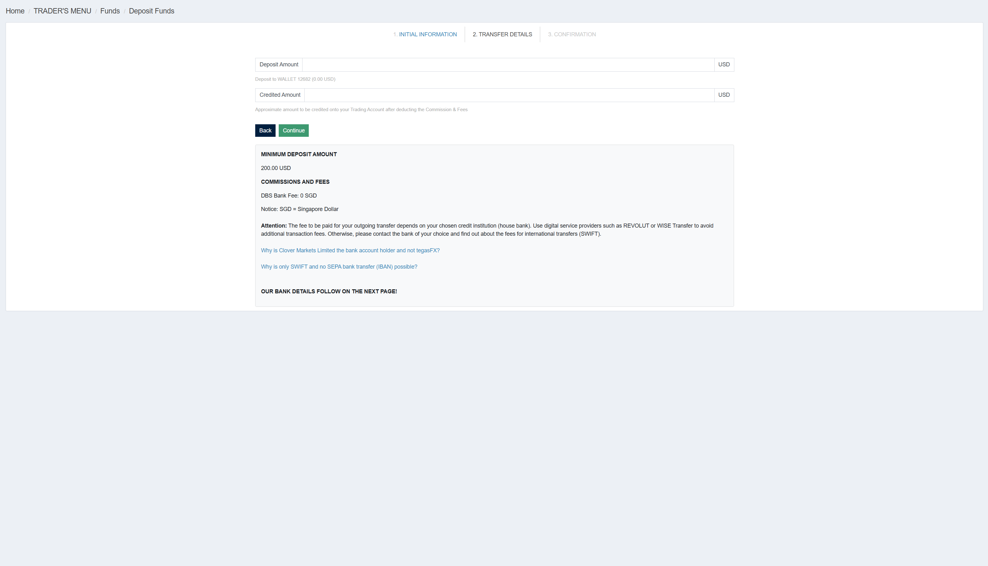 TegasFX Bank Transfer Details — deposit amount, $200 minimum, $0 DBS fee