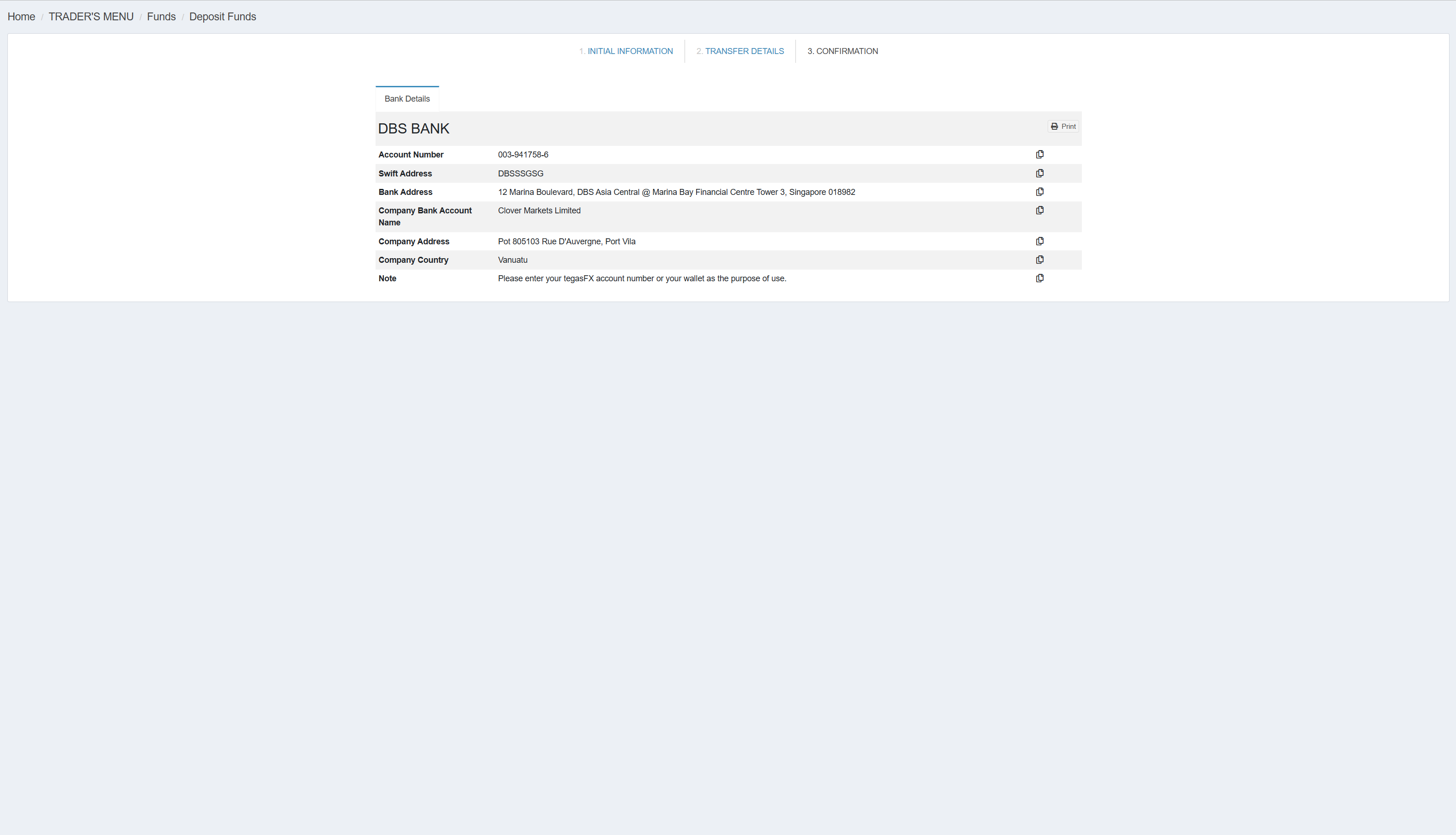 TegasFX Bank Details — DBS recipient data with account, SWIFT, address, Clover Markets Limited
