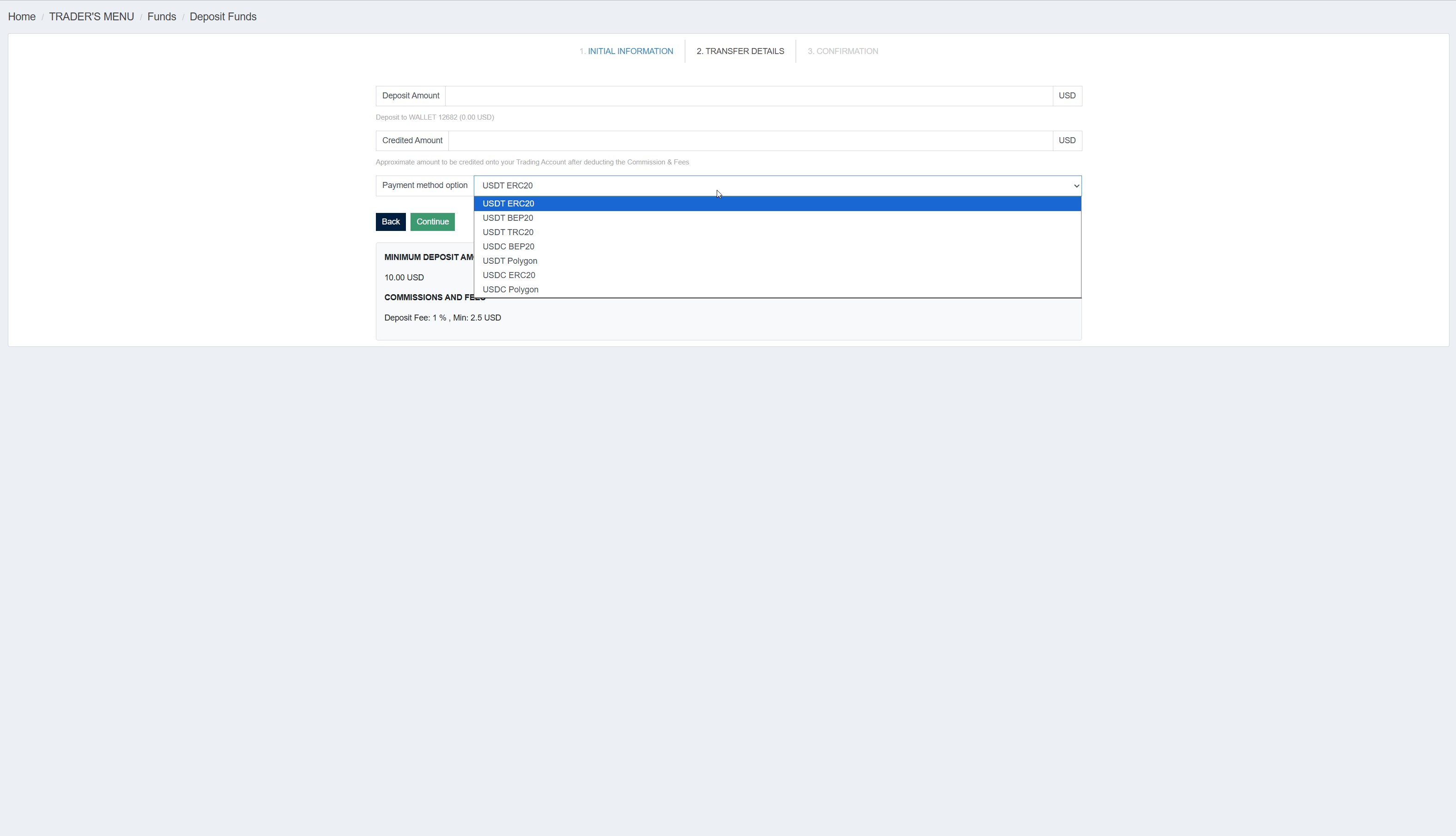 TegasFX Crypto — payment method dropdown with 7 network options for USDT and USDC