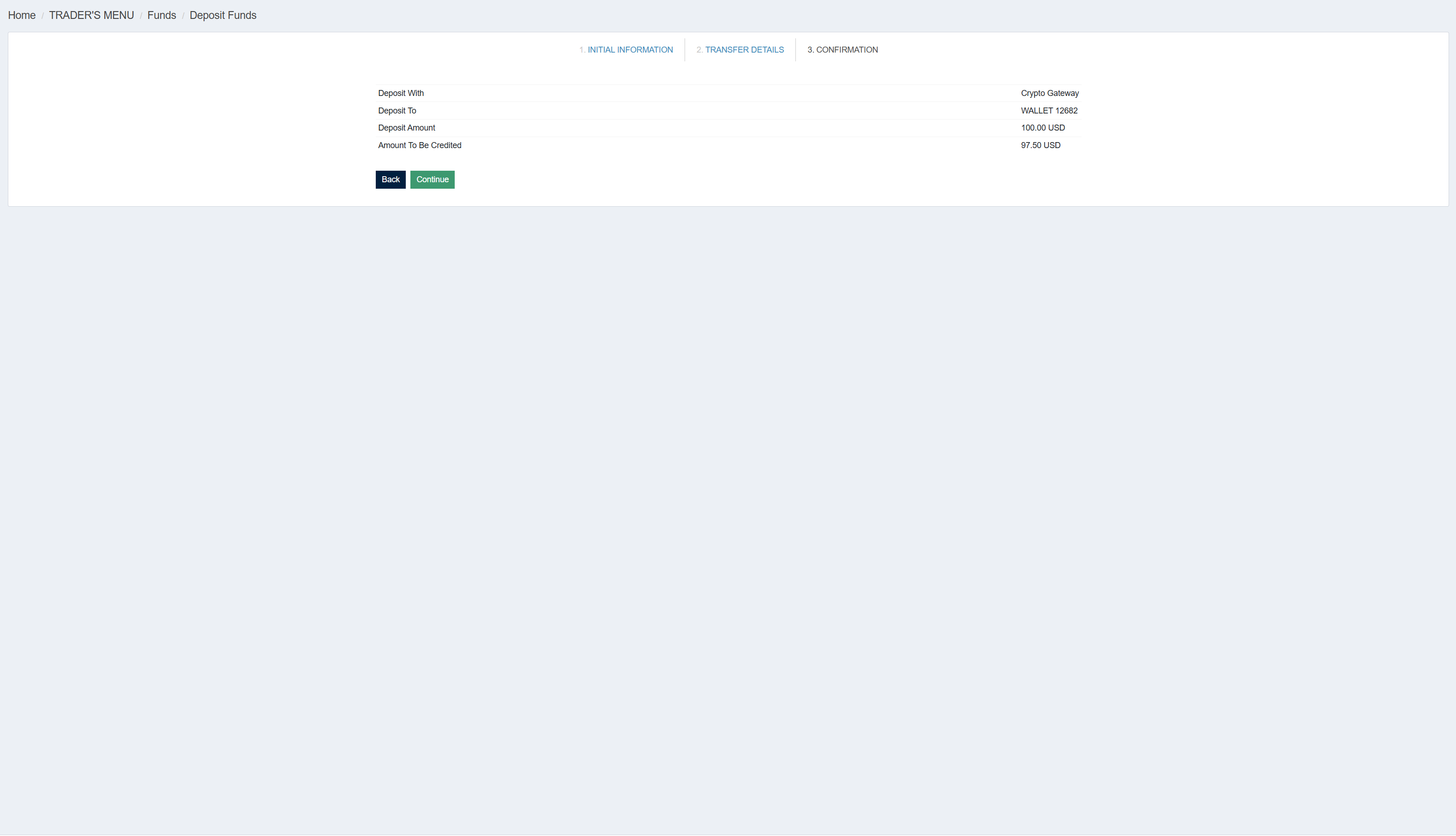 TegasFX Crypto Confirmation — Deposit With Crypto Gateway, Amount To Be Credited 97.50 USD