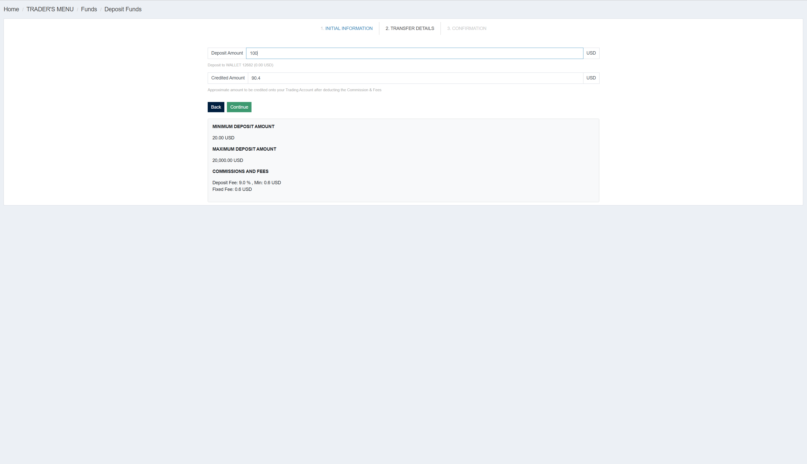 TegasFX Card — deposit amount 100, credited 90.4, 9% fee plus 0.6 fixed fee