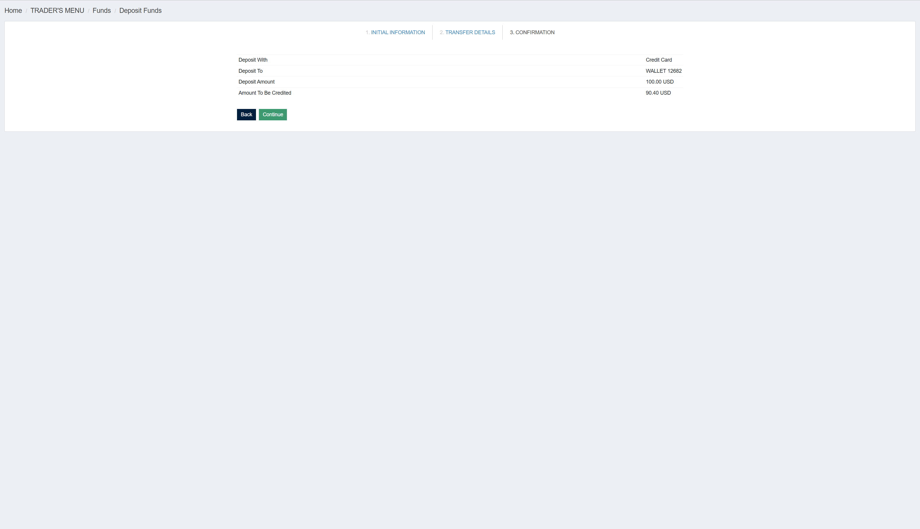 TegasFX Card Confirmation — Credit Card, 100 USD deposit, 90.40 USD credited