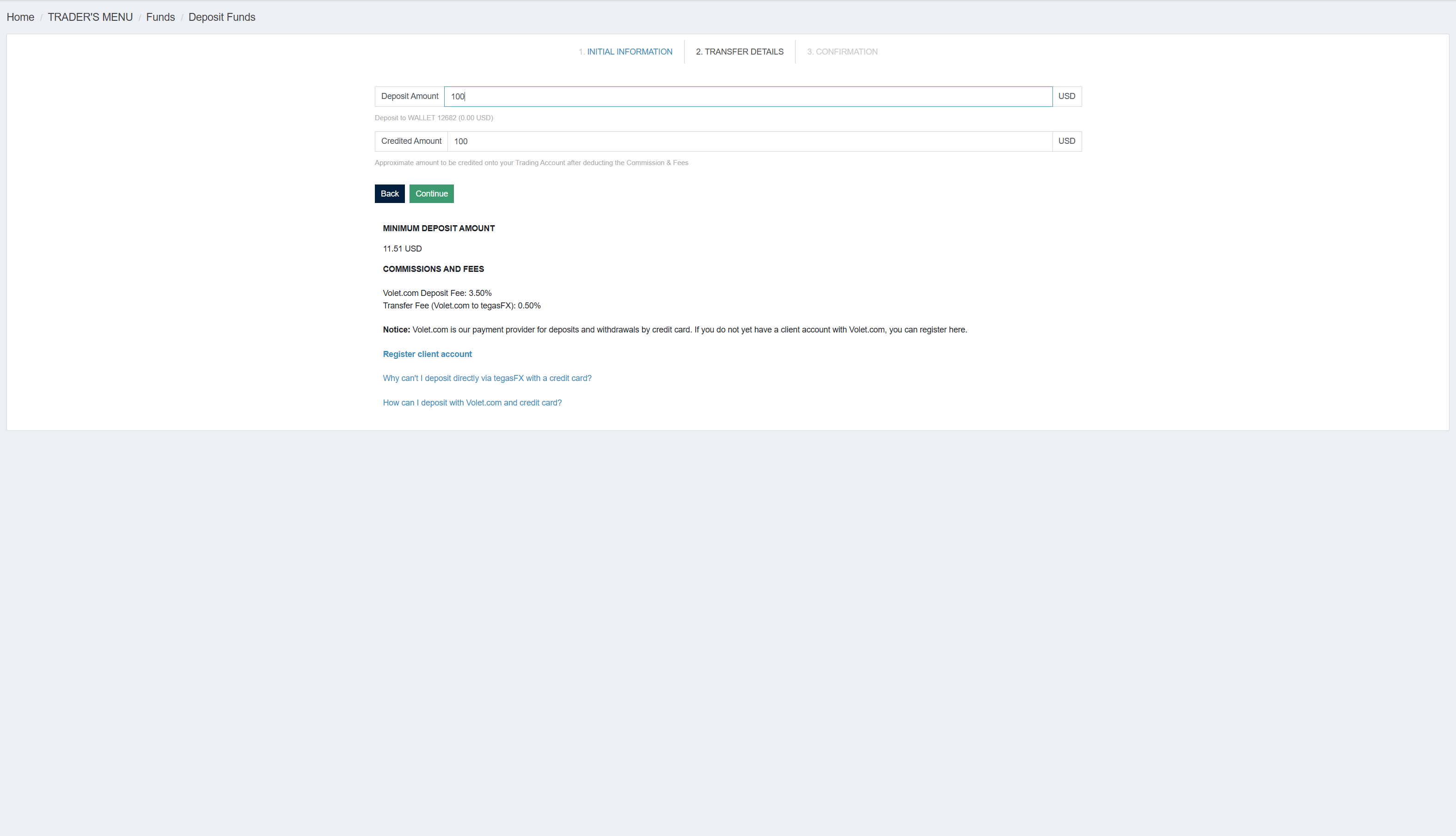 TegasFX Volet — deposit 100, credited 100, note about 3.5% Volet fee plus 0.5% transfer fee