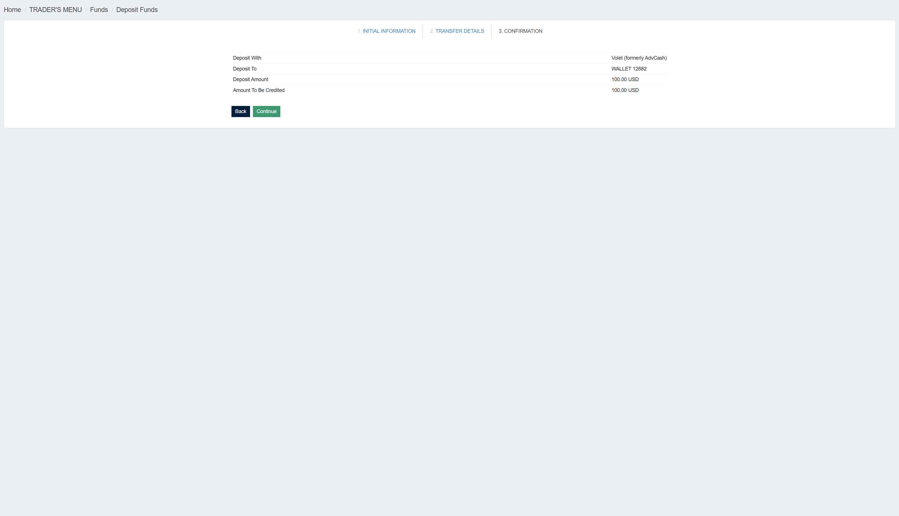 TegasFX Volet Confirmation — Volet (formerly AdvCash), 100 USD deposit, 100 USD credited