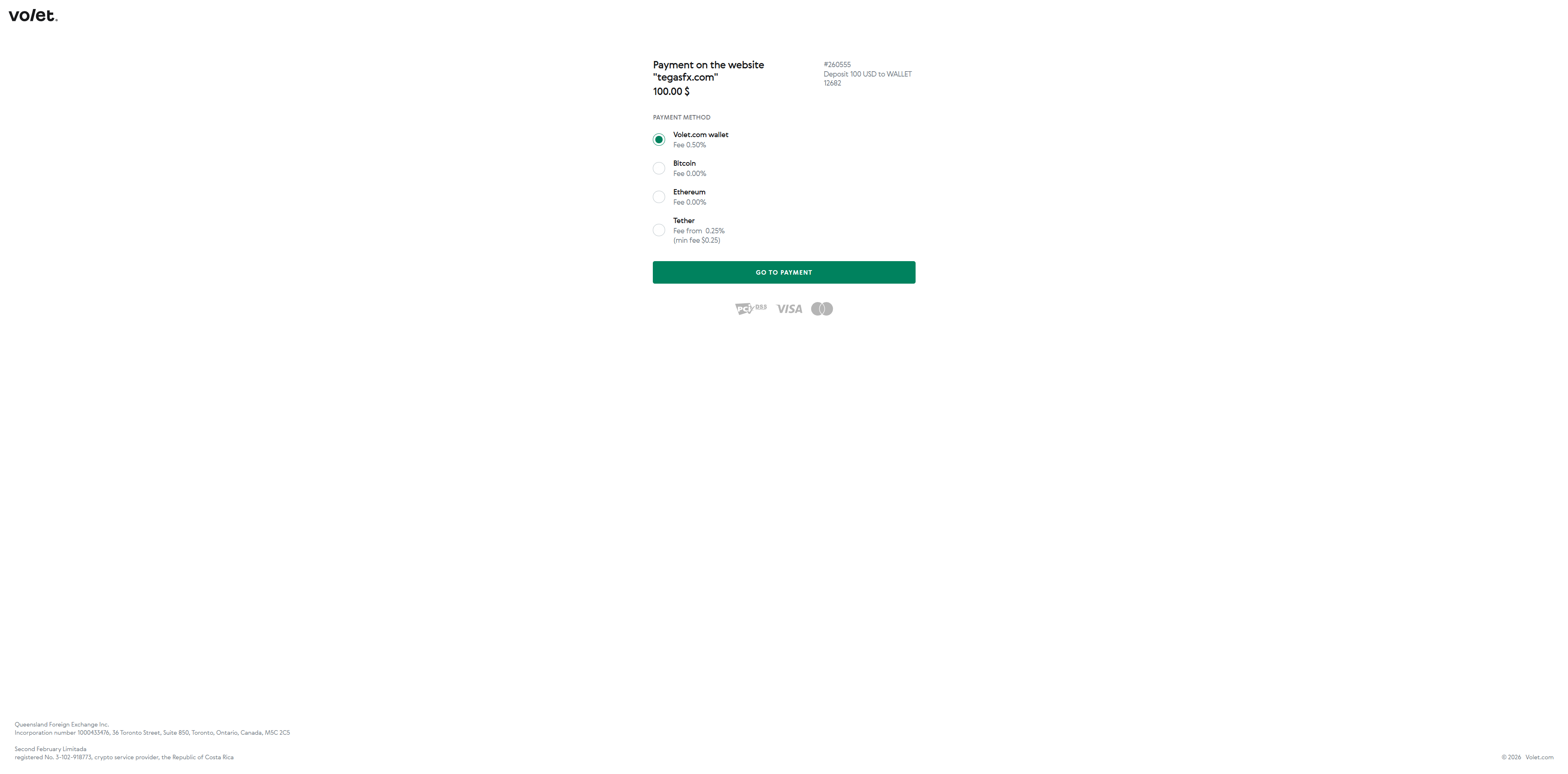 Volet Payment Page — selection of internal payment methods with different fees